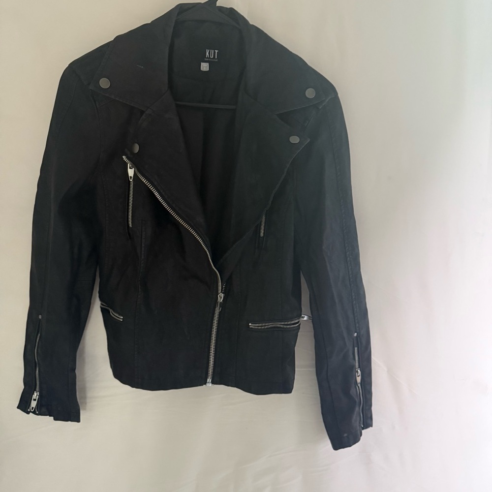 Kut From The Kloth Black Faux Leather Moto Jacket Women’s Small Silver Hardware - Picture 2 of 10